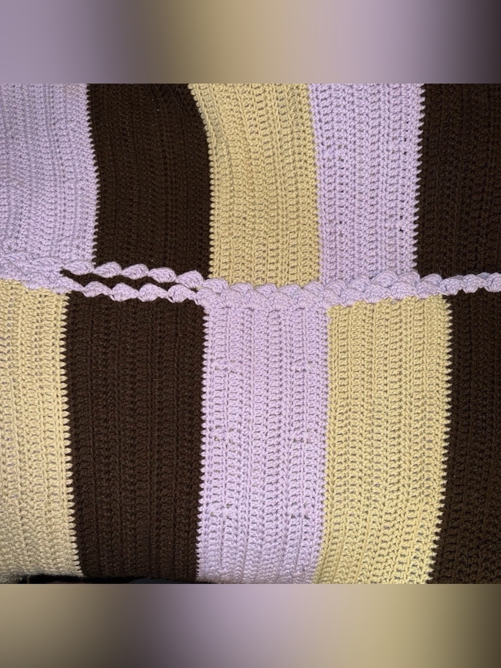 Vtg Handmade Crochet Afghan Blanket Striped Brown Yellow Lavender Purple